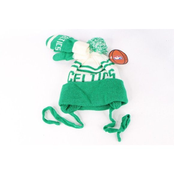 NOS Vintage 90s NBA Boston Celtics Spell Out Winter Beanie Mittens Set Childrens